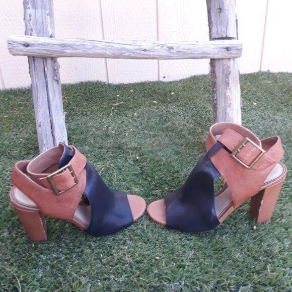 Gianni Bini Leather Heels Chunky 4" Thick Wrap Ankle Strap Black Tan Sz 8 - Picture 5 of 8